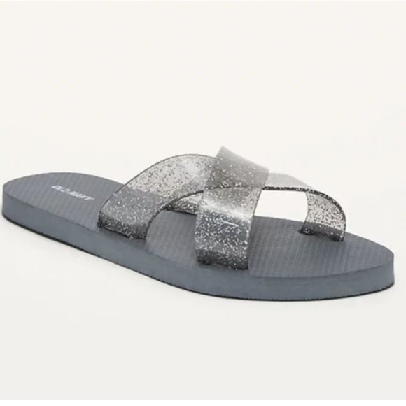 NEW Jelly Crisscross-Strap Flip-Flop Sandals in Gray Glitter - Picture 1 of 3